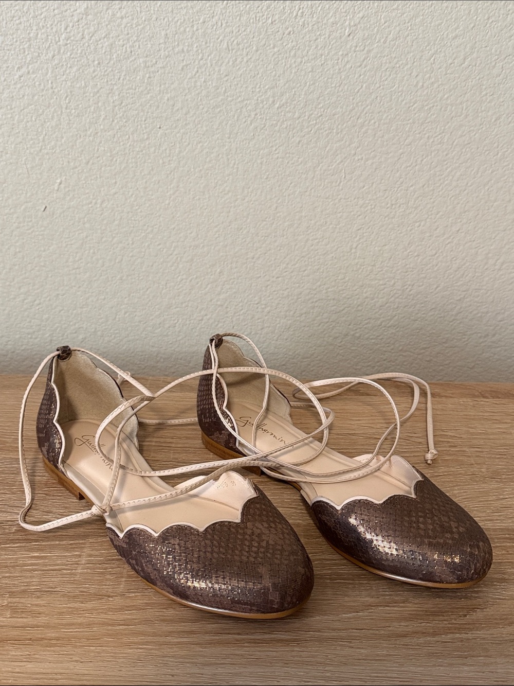 Metallic Brown Pointed Scallop Ballet Flats with Cream Ankle Ties